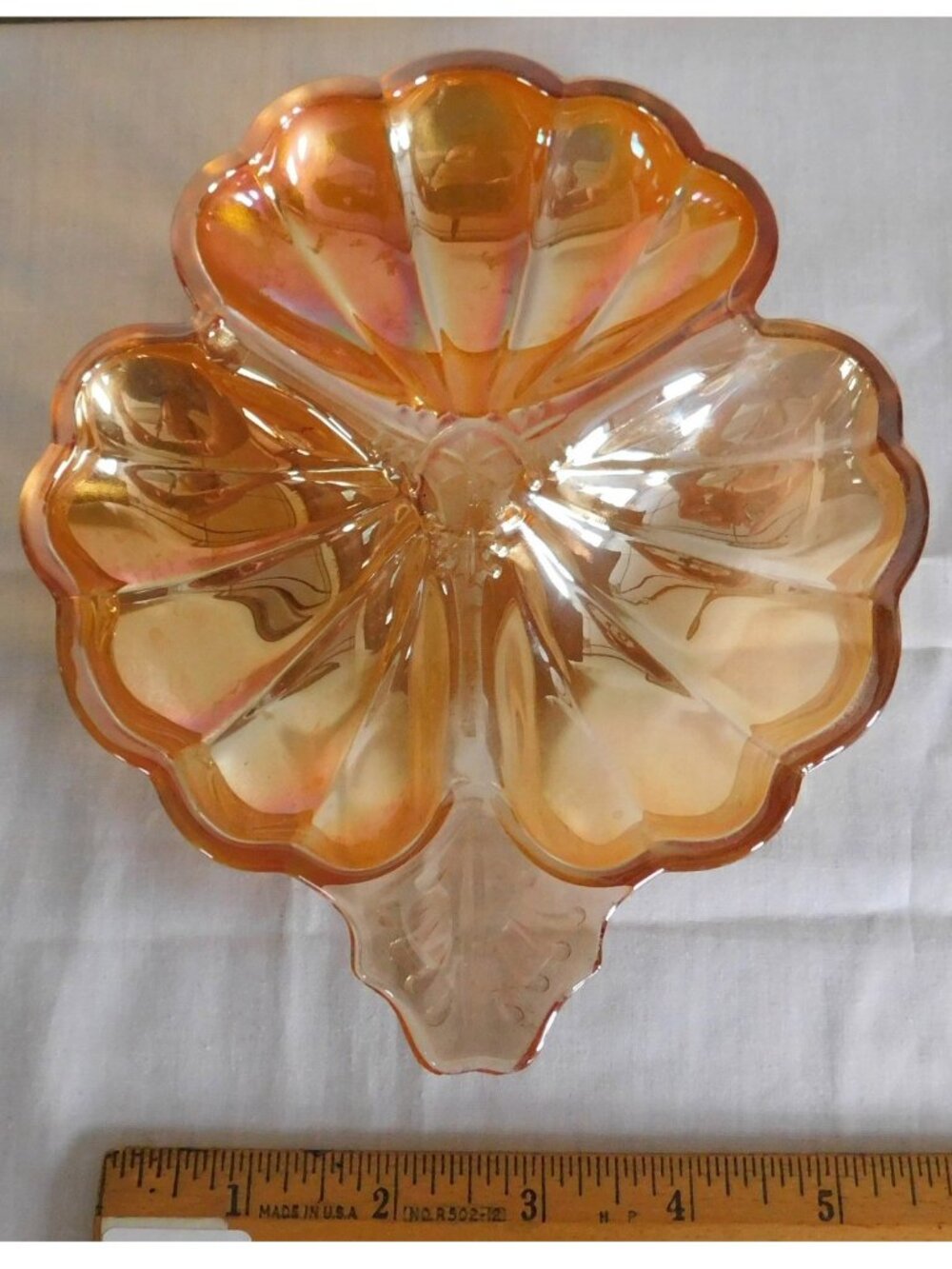 Vintage Jeannette Glass Marigold Iridescent 3 Leaf Clover Candy or Relish Dish